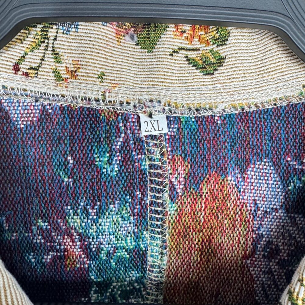 Floral Pattern Beige Zip-Up Jacket 2XL Pink & Blue Roses Lightweight - Picture 3 of 9